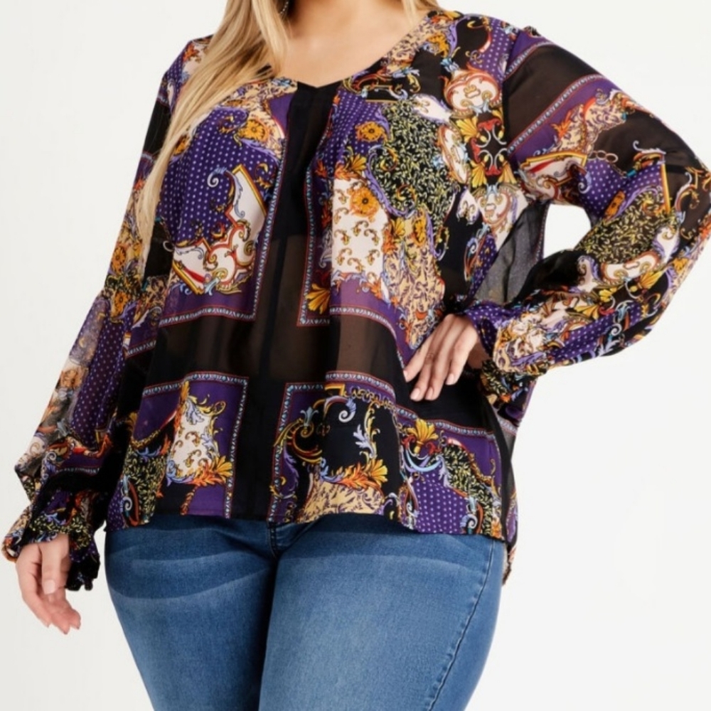 NWT Ashley Stewart Multicolor Scarf Semi Sheer Peasant Sleeve Top Size 22/24